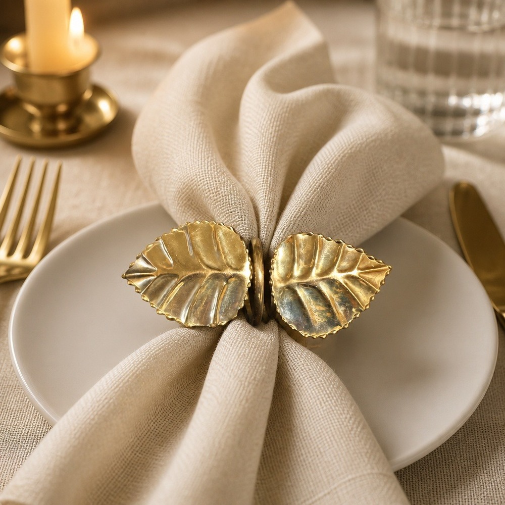 Napkin Rings Set of 6 Gold Leaf Botanical Vintage Style Brass Tone